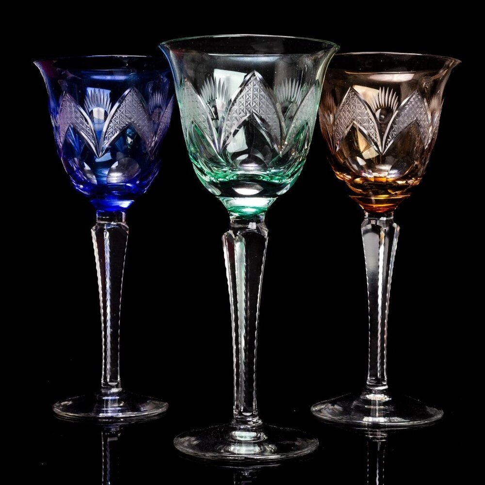 Crystal Wine Glasses | Cut to Clear | Amber, Cobalt, Aquamarine. Mid Century Bar